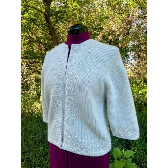 Vintage Angora Seed bead Light Blue Knit Sweater cardigan Hong Kong Medium - Picture 2 of 16
